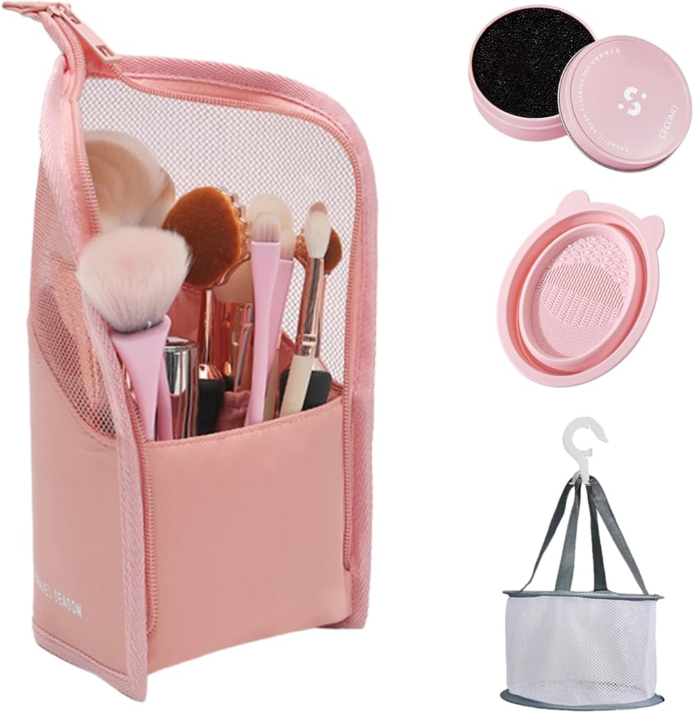 DALAETUS 4-in-1 Portable Makeup Brush Cleaner Set Washing Tray Mat Drying Net