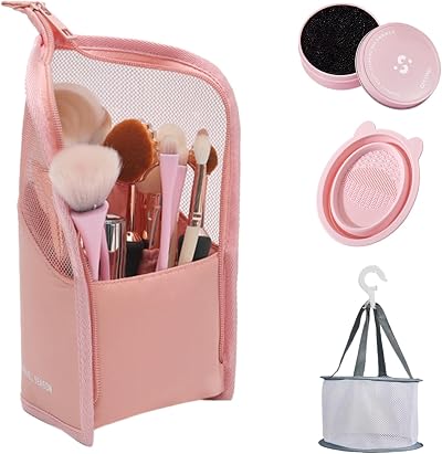 DALAETUS 4-in-1 Portable Makeup Brush Cleaner Set Washing Tray Mat Drying Net