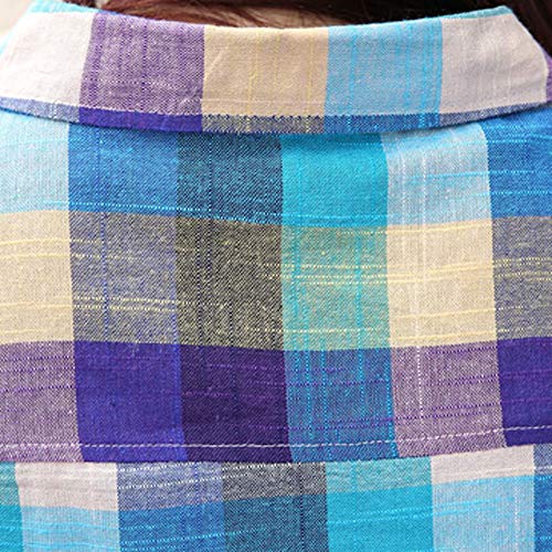 Usstore Women Girls Colorblock Plaid Casual Blouse Mandatory Full Sleeve Button Loose Daily Shirt Top Coat Cardigan (XXL, Blue)