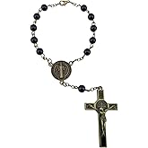 Catholic One Decade Car Rosary for Rear-View Mirror Bronze Auto Rosary Black Glass Beads St Benedict Centerpiece Religious Gift Car Truck Travel Protection