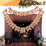 Jolik Merry Christmas Burlap Banner with 4 Red Bows - Merry Christmas Banner Decoration for Fireplace Wall Tree
