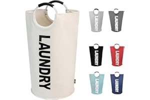 DOKEHOM 90L Large Laundry Basket, Collapsible Laundry Bag, Freestanding Tall Clothes Hamper, Foldable Washing Bin (Beige)