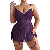Mixxmix Women Plus Size Lingerie Mesh Babydoll Dress Sexy Lace Nightgown Lace Up Sleepwear Nighty with Gater Belt