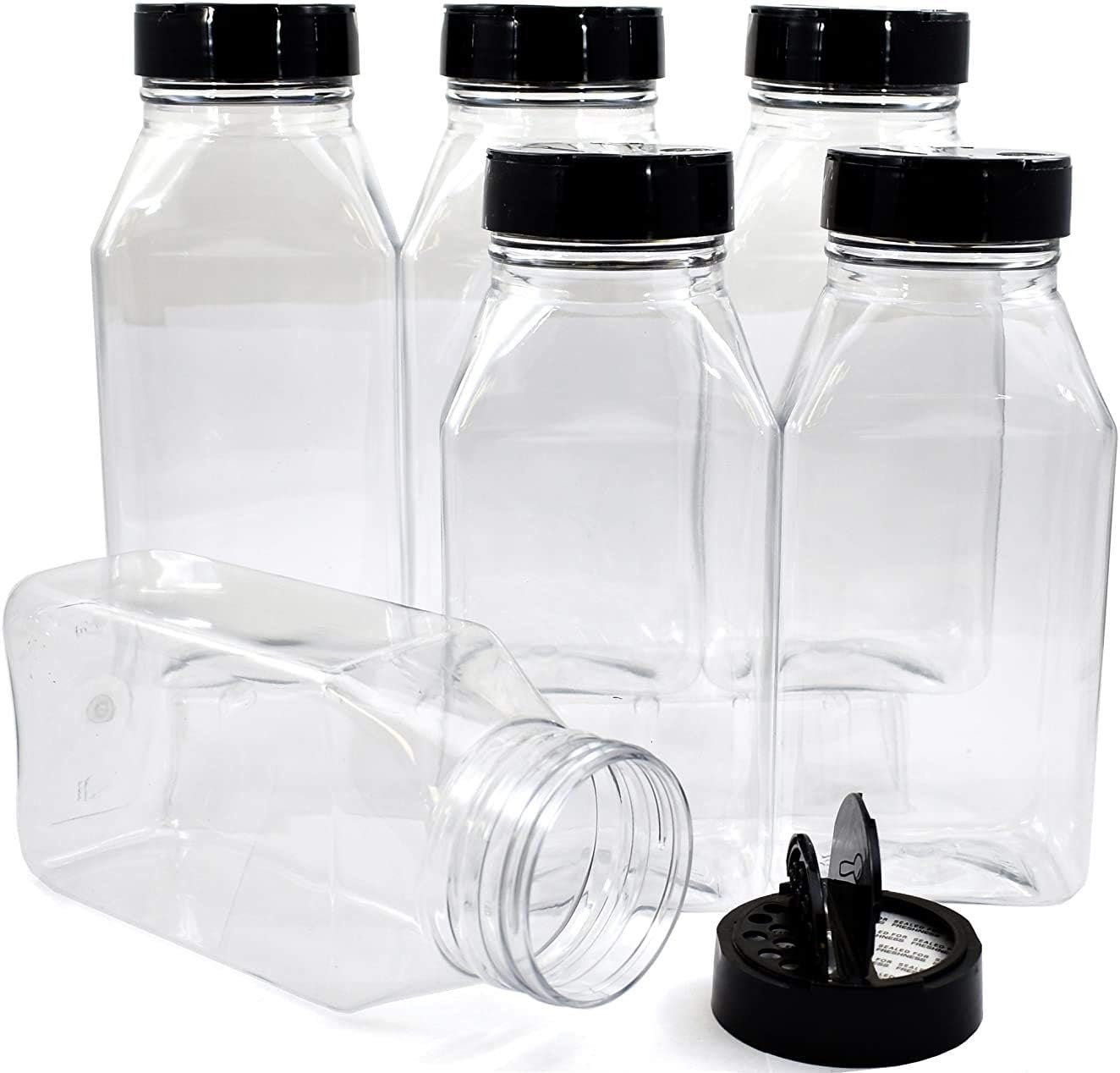 SALUSWARE - 6 PACK - 27 Oz with Black Cap - Plastic Spice Jars Bottles Containers � Perfect for Storing Spice, Herbs and Powders � Lined Cap - Safe Plastic � PET - BPA free - Made in the USA�