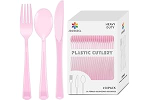 JSQBSECL 150 Pack Plastic Silverware,Disposable Cutlery Set Heavy Duty Utensil Sets 50 Forks 50 Knives 50 Spoons for Brithday, Wedding,Home Office School Party Picnics (Pink Clear)