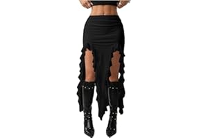 Verdusa Women's Lace Ruffle Skirt Western Asymmetrical High Slit Boho Bodycon Skirts