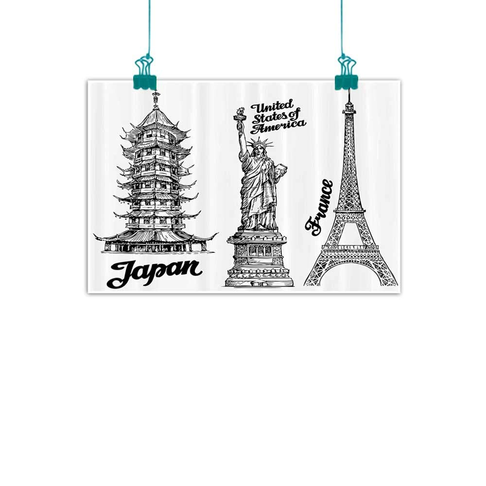 funkky Tourist Living Room Decorative Painting Famous Monuments Statue of Liberty Eiffel Tower Japanese Temple Urban Artsy Print Modern Minimalist Atmosphere 35" Wx32 L Black White
