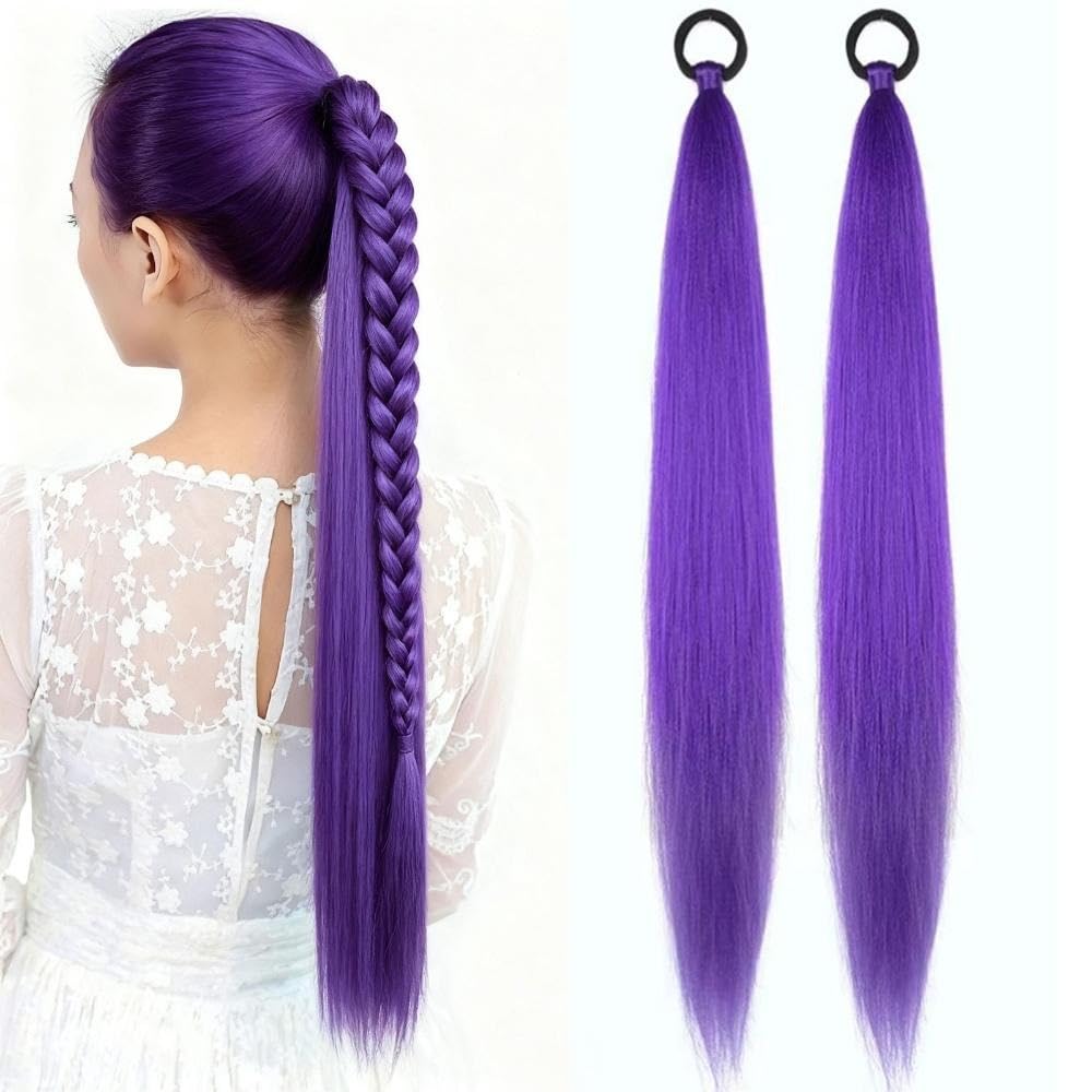 Photo 1 of 2 Pack Purple Ponytail Extension with Elastic Tie, 26 Inch Straight Sleek Hairpiece, Halloween Braid Wrap Around Braided Ponytail Extension(Purple)
