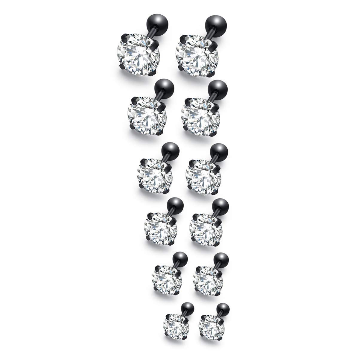 FOSIR 6 Pair 18G Stainless Steel Stud Earrings for Men Women Cartilage Ear Piercing Cubic Zirconia Inlaid 3-8MM