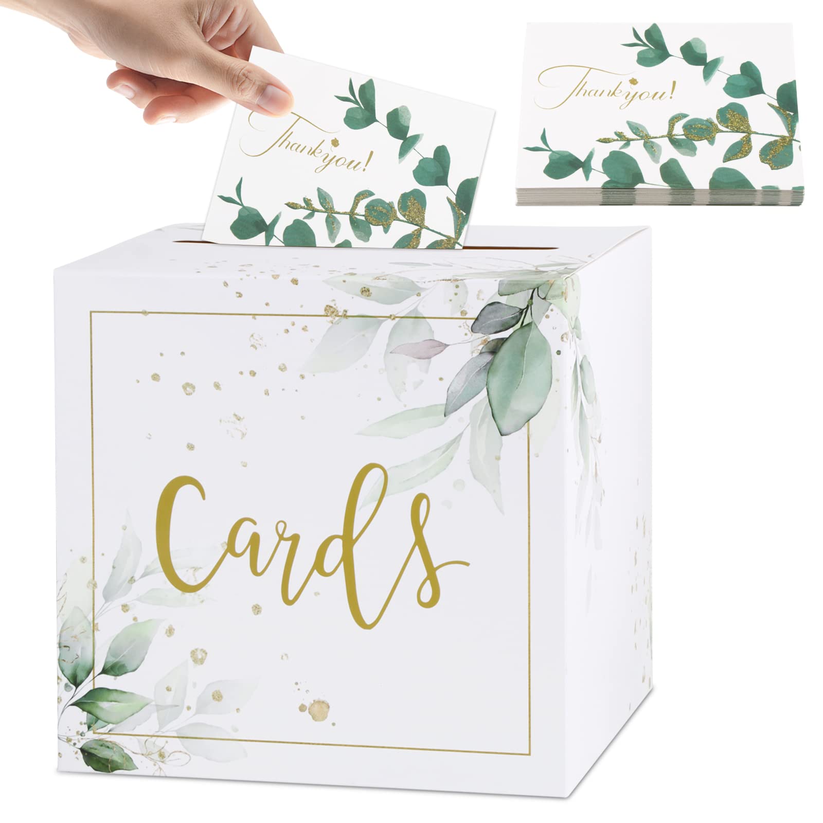 BOFUNX Wedding Card Box Set, Elegant White Kraft Wedding Card Post Box with 30Pcs Thank You Cards Wedding Guest Box for Reception