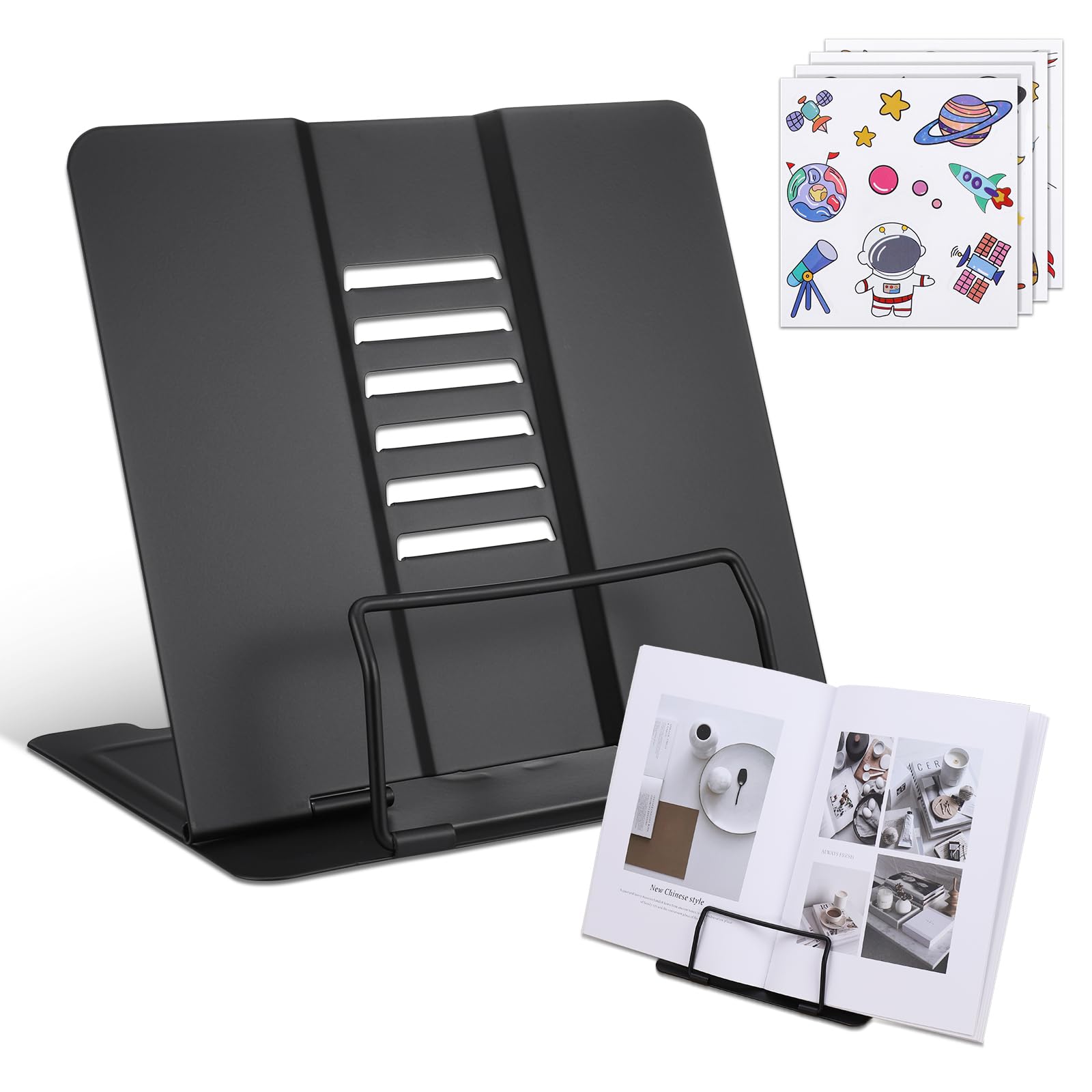Kssvzz Book Stand, Metal Cookbook Holder with Adjustable Angle, Portable Sturdy Bookstands for Reading Book, Documents, Tablet, Mobile Phone and Book Display, Black