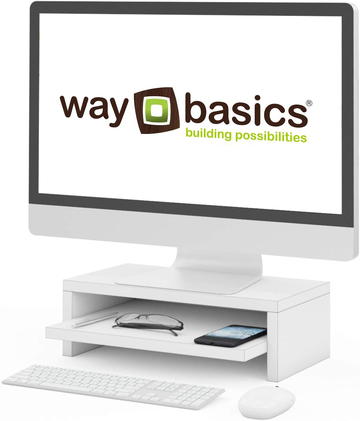 Way Basics Deluxe 2-Shelf Computer Monitor Stand PC Desktop Screen Riser (Tool-Free Assembly and Uniquely Crafted from Sustainable Non Toxic zBoard Paperboard) White