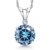 Gem Stone King 14K White Gold Persian Blue Moissanite and White Created Sapphire Pendant Necklace for Women | 0.82 Cttw | Gemstone Birthstone | Round 6MM | With 18 Inch Chain