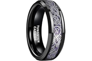 TUTISS 6mm 8mm Silver/Black Tungsten Rings for Men Women Black/Red/Green/Purple Carbon Fiber Celtic Dragon Inlay Fashion Jewelry Engagement Wedding Bands Beveled Edges Comfort Fit