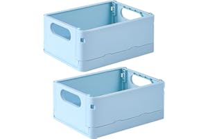 TRZZ 2-Pack Mini Storage Crates, Collapsible Plastic Baskets, Stackable Space-Saving Bins for Office, Bedroom, Bathroom and Kitchen Decor, Blue (6.5" x 4.8" x 2.9")