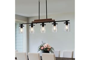 VBITMN 5-Light Dining Room Light Fixture Over Table, Farmhouse Kitchen Island Lighting, Linear Chandelier with Clear Glass Shades, Modern Rustic Wood Chandelier with Adjustable Height
