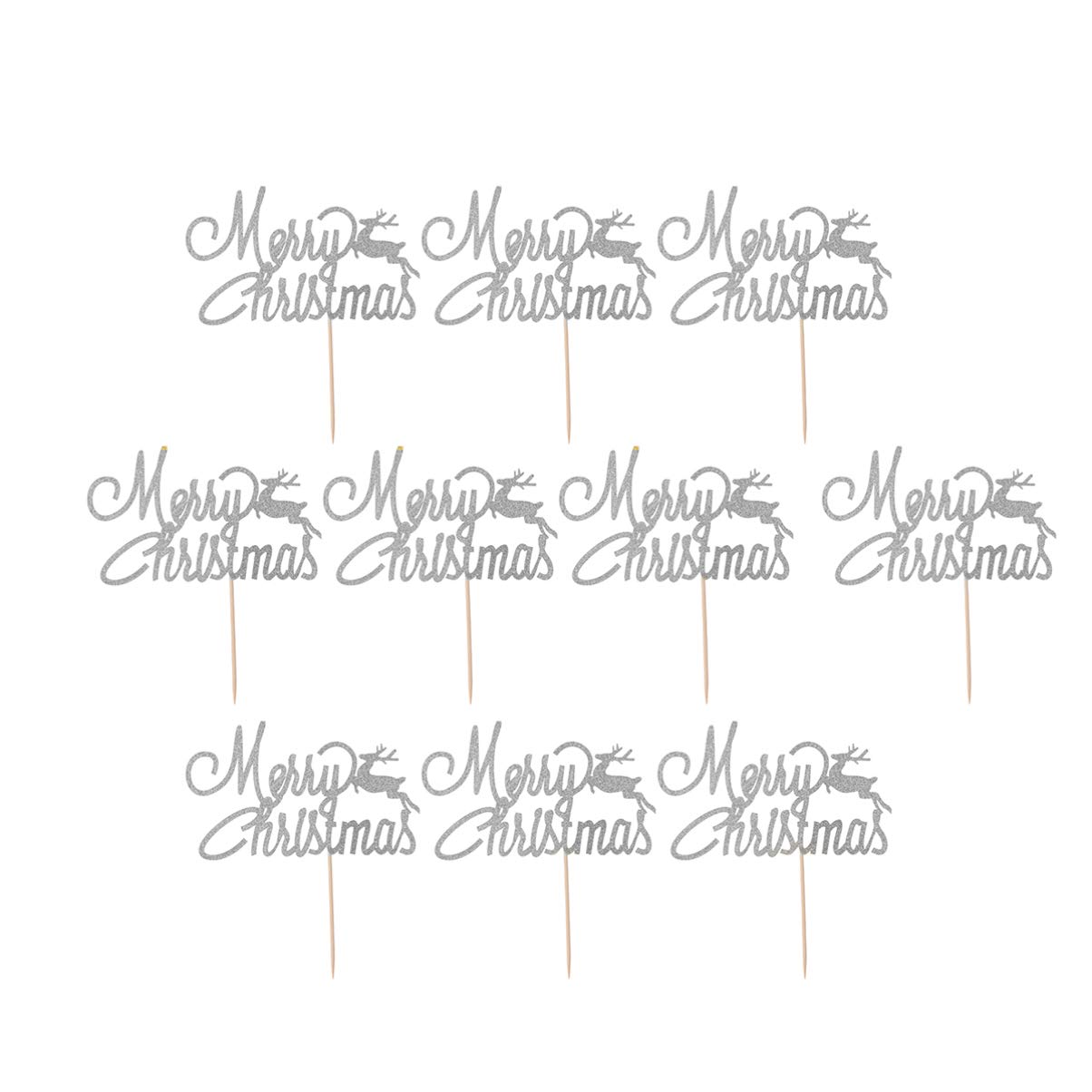 Toyvian 10pcs Christmas Cake Toppers Glitter Merry Christmas Cupcake Toppers Cake Picks for Gathering Festival Silver