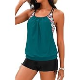 Holipick Womens 2 Piece Tankini Swimsuit Blouson Tummy Control Bathing Suit | Double Up Design, Removable Pad, High Waisted Boy Shorts