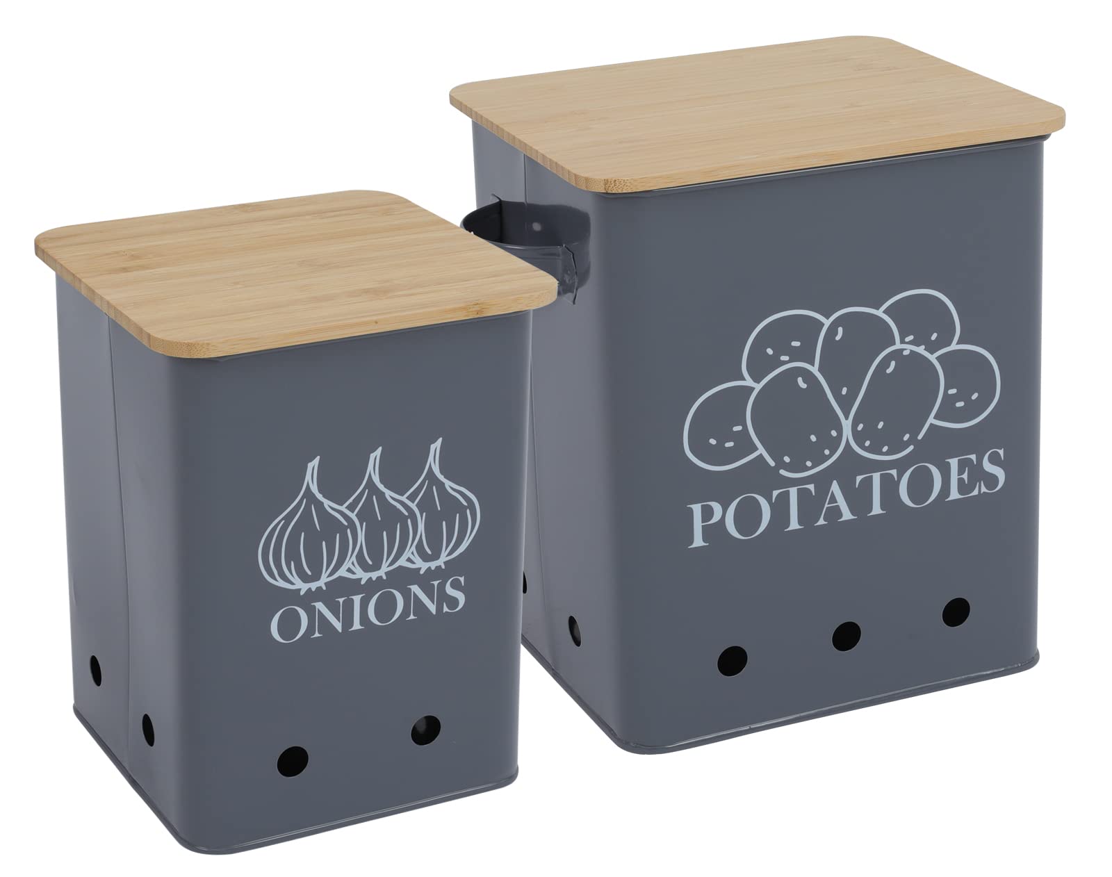 Xbopetda Set of 2 Vegetable Storage Bins, Potato Storage Onion Keeper with Aerating Holes & Wooden Lid - Kitchen Pantry Organiser, Produce Fruits Vegetable Fresh Keeper (Gray)