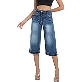 Myzellia Womens Capris Wide Leg Stretchy High Waisted Frayed Hem Loose Denim Jeans