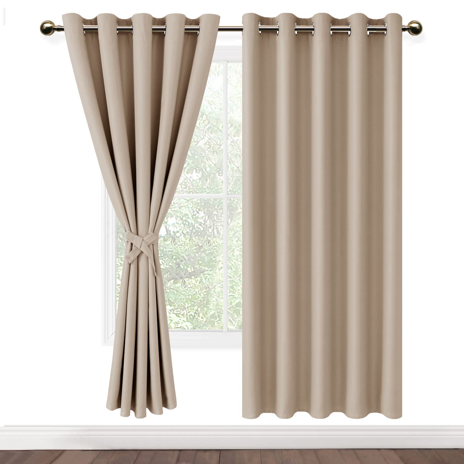 DWCN Beige Blackout Curtains with Tiebacks for Bedroom Thermal Insulated Solid Eyelet Curtains for Living Room,2 Panels,66" Wide x 54" Drop