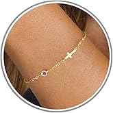 Cross Bracelet with Birthstone, Valentines Day Gifts for Her Easter Basket Stuffers for Teens Dainty Gold Bracelets for Women Birthday Gift Christian Gifts for Her Religious Faith Baptism Confirmation Gift for Teen Girls Christmas Jewelry for Sister Daughter Granddaughter Girlfriend