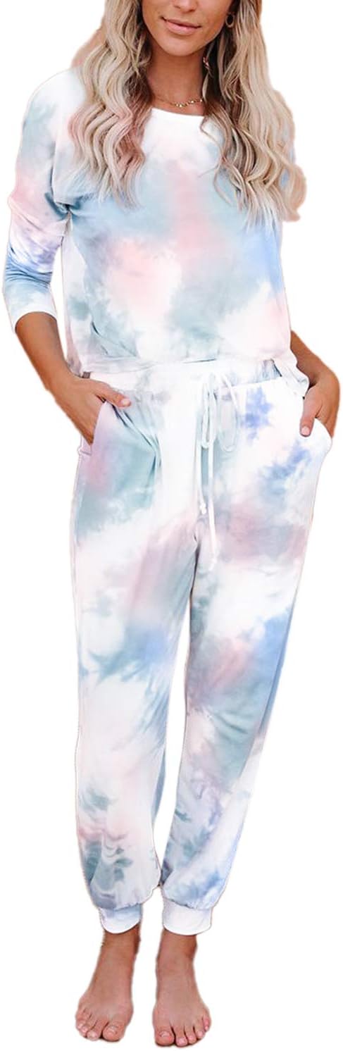 Women Tie Dye Sweatsuit Long Sleeve Pullover Sweatpants 2 Pcs Lounge Jogger Set