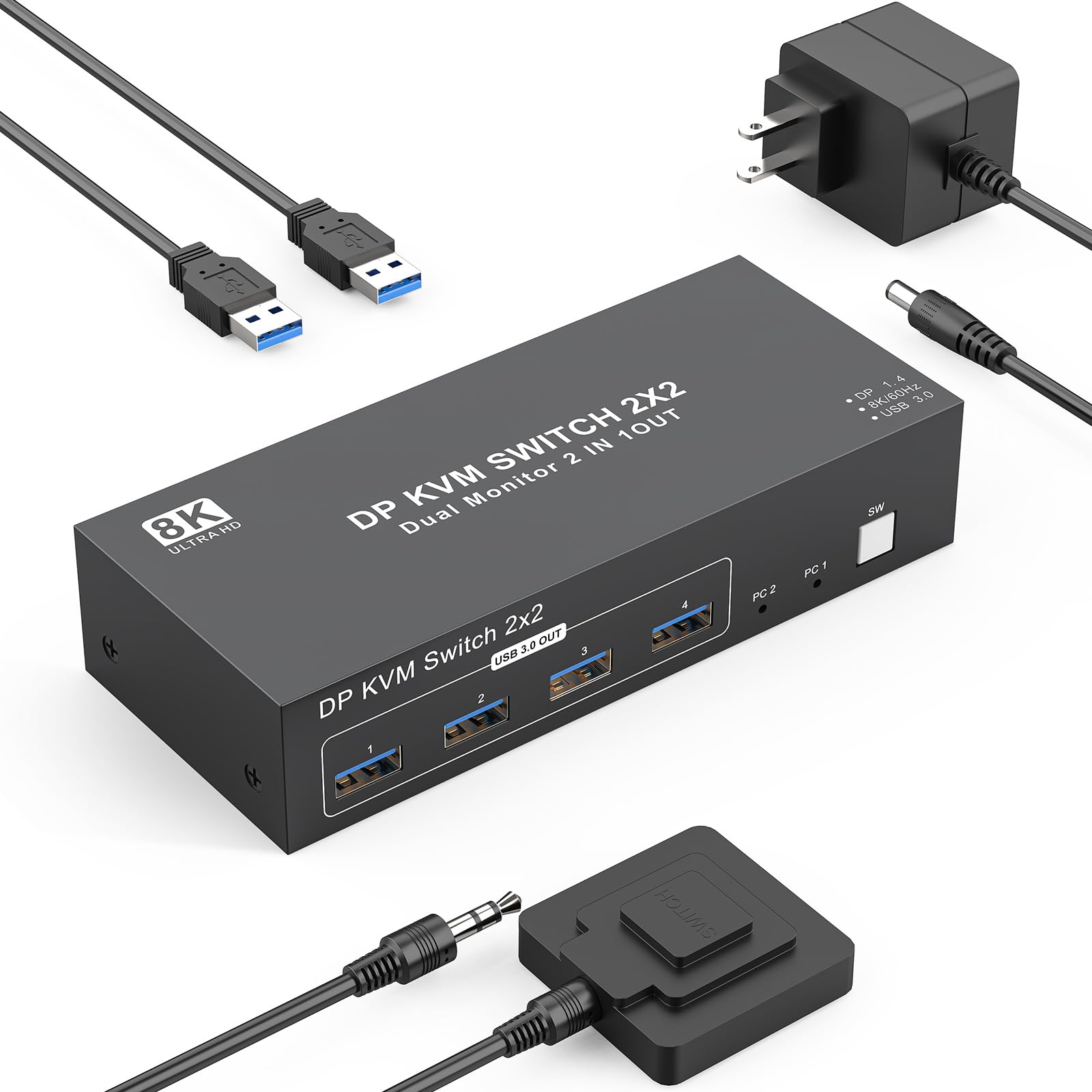 Photo 1 of 8K Displayport KVM Switch 2 Monitors 2 Computers, 8K@60Hz 4K@144Hz,Dual Monitor Switch for 2 Computers,4 USB3.0 Ports,Support Extended/Mirror Mode with Desktop Controller 2 USB Cables Power Adapter