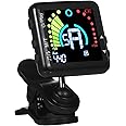 Guitar Tuner Rechargeable, Clip On Tuner with LCD Color Display with Guitar, Ukulele, Violin and Chromatic Tuning Modes, Professional Electric Guitar Tuner & Metronome for All Stringed Instruments