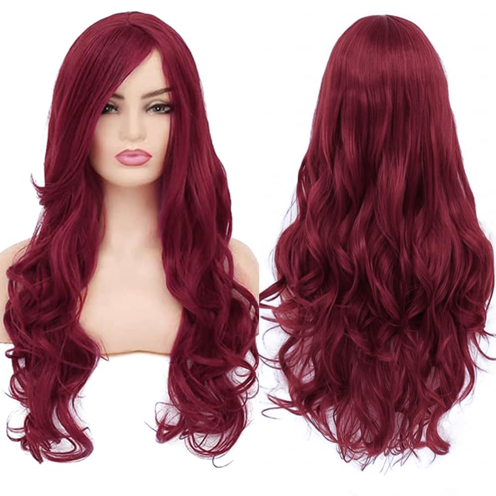 Colorfulpanda Long Burgundy Wigs with Fringe for Women Costume Cosplay Party Natural Synthetic Curly Wavy Wig Cosplay Hair Accessories 32inch 80cm(Wine Red) — image 1