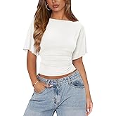 Womens Boat Neck Batwing Tops for Women Cinched Waist Top Tie Back Short Sleeve Shirts Business Casual Clothing