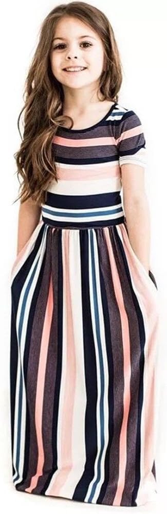 Girl's Summer Short Long Sleeve Stripe Holiday Dress Maxi Dress with Pocket Size 3-16T