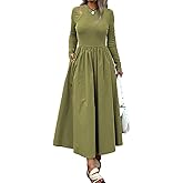 Mieazom Women’s Maxi Dress with Pockets, Long Sleeve A-Line Flowy Full Length Dress Cutout Shoulder, Elegant Casual Outfit