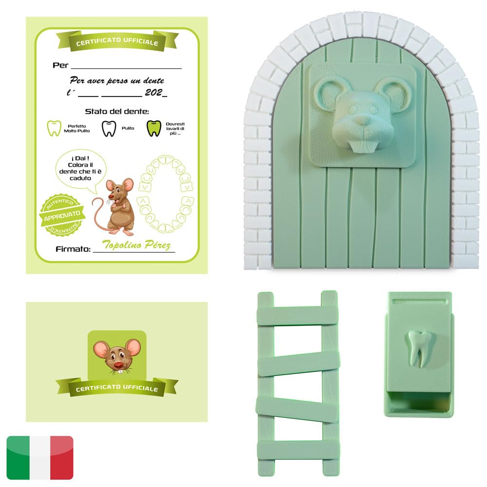 MFS MYFUTURSHOP Myfuturshop® Topolino dei denti Magic Door, Tooth Box, Ladder, 4 Clean Tooth Certificates, Original Gift for Boys and Girls Italian Version (Green)