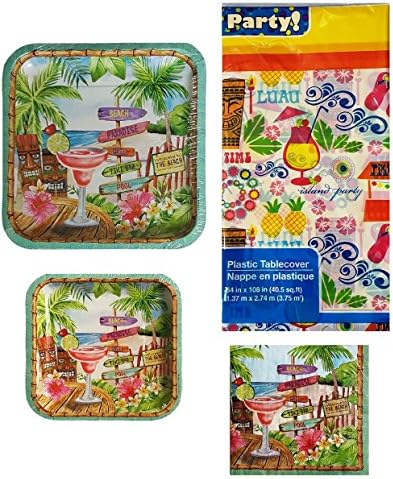 Tiki Luau Table Party Supplies for 8 Guests: Bundle of 4 items: Square Dinner and Dessert Plates, Large Napkins, and Party Plastic Tablecover