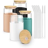 sungwoo Glass Cups with Lids and Straws, 4 Pack 16OZ Iced Coffee Cups with Silicone Sleeve, Glass Tumbler with Straw and Bamboo Lid, Home Essential Drinking Set for Juice, Cocktail and Latte 4 Colors