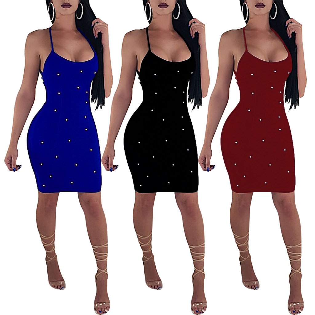 Dreamparis Women\'s Sexy Pearl Beaded Bodycon Dress Spaghetti Strap Sleeveless Backless Bandage Mini Dress Small Wine Red