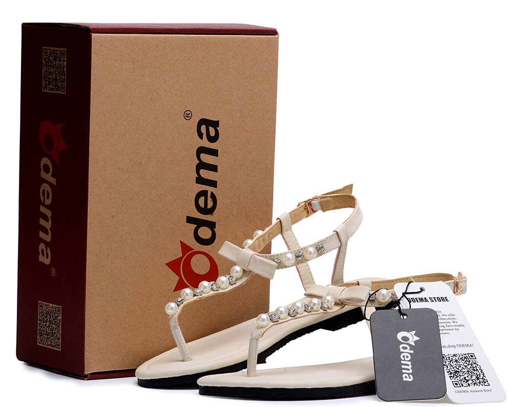 Odema Womens Gladiator Flat Sandals Wedding Pearls Rhinestone Bowknot Shoes White - Image 3