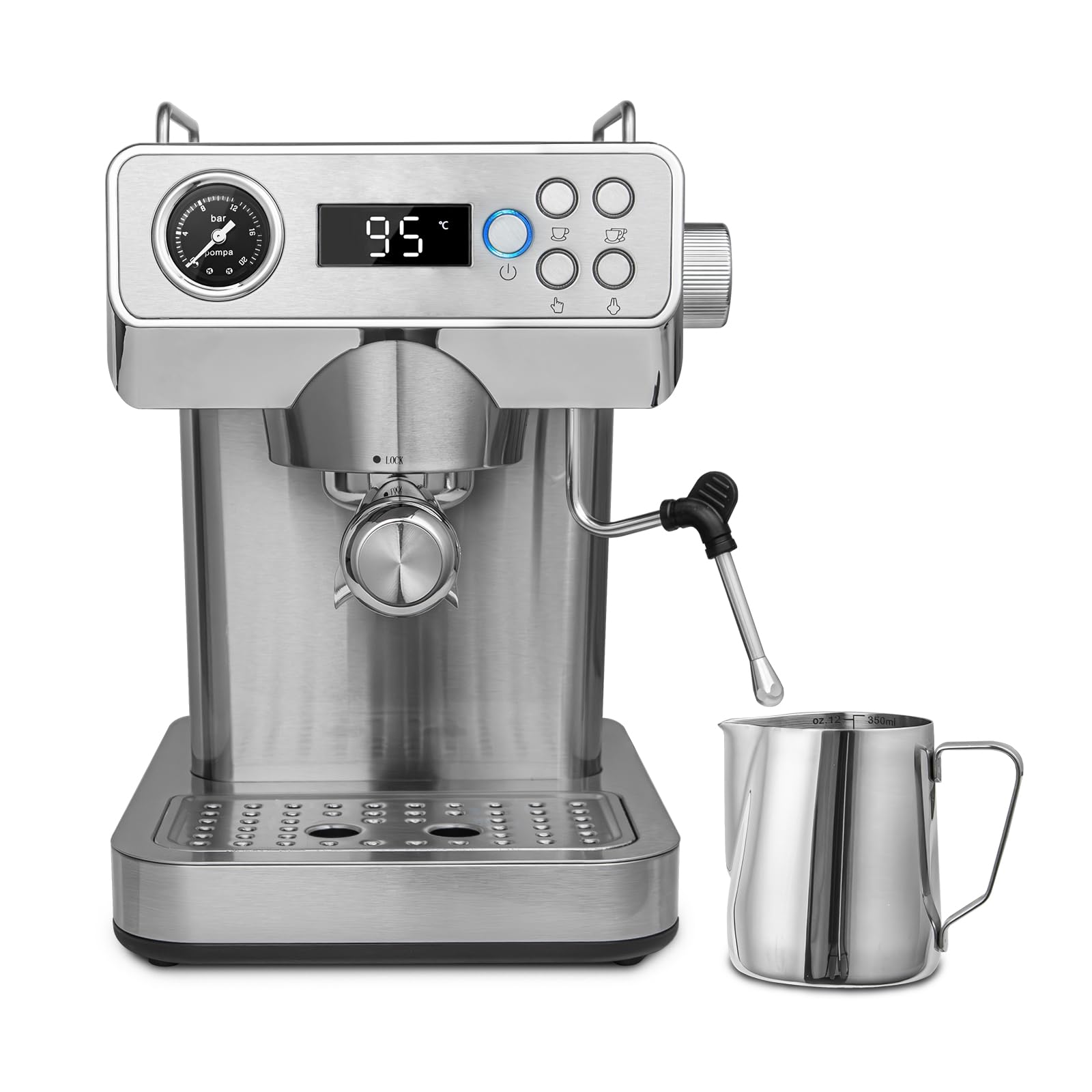 GeniCup Máquina de café expreso clásica con espumador de leche, manómetro visible de 20 bares, pantalla de temperatura, cafeteras expreso con modo personalizado para hacer café con leche y capuchino para uso doméstico y de oficina