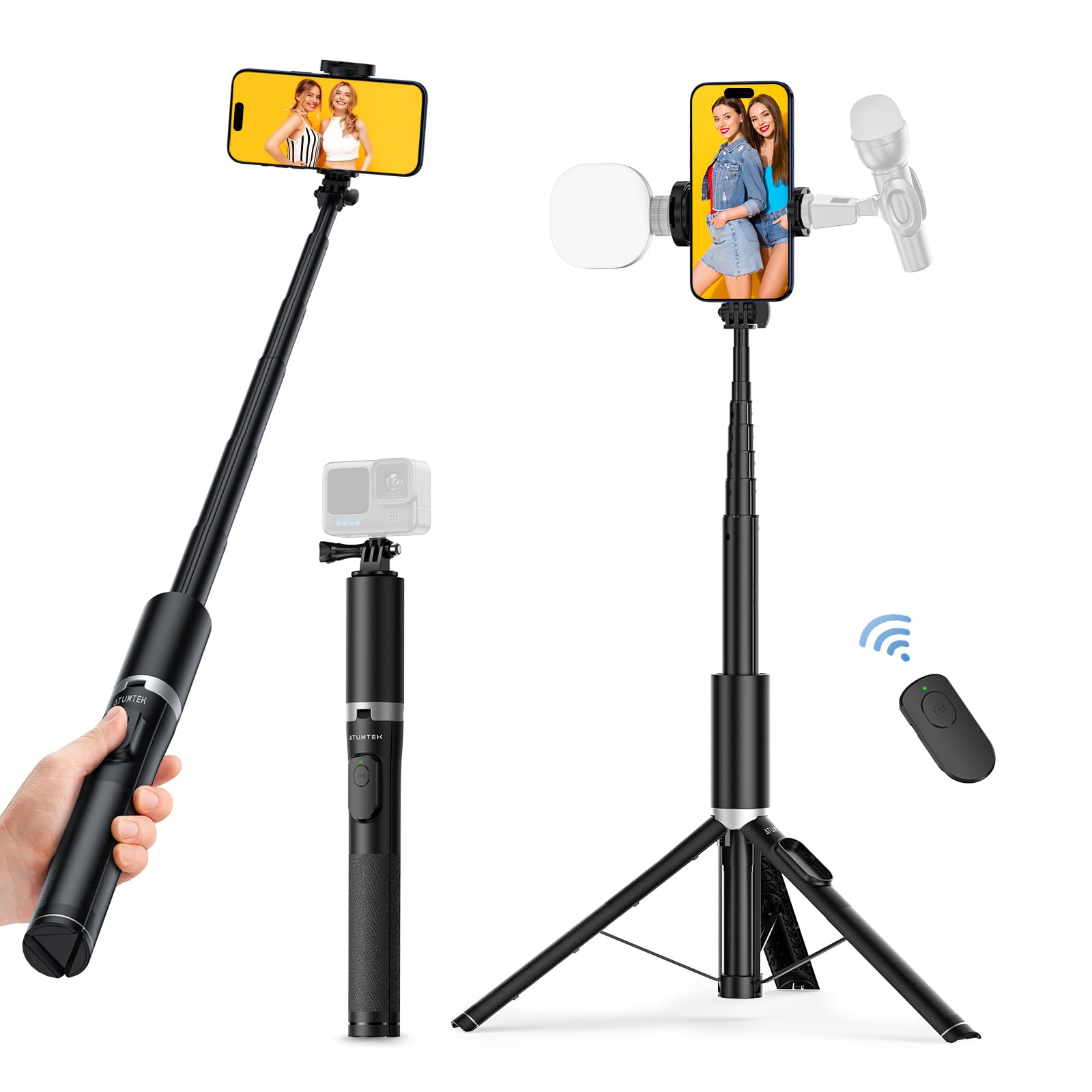 ATUMTEK 70" Phone Tripod, Extendable All-in-One Selfie Stick Tripod with Bluetooth Remote for GoPro, 4"-7" iPhone and Android Smartphones Black