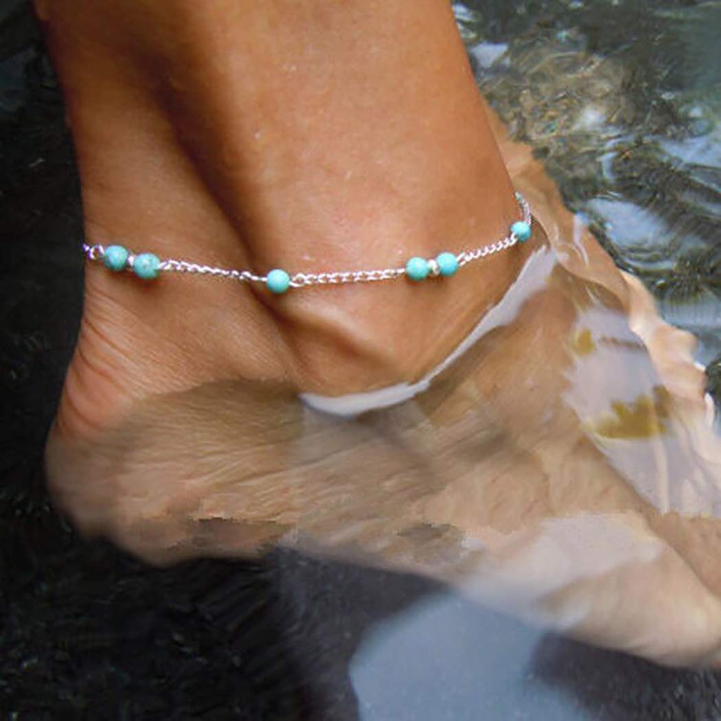 Prosy Boho Bead Anklet Blue Silver Ankle Bracelets Chain Beach Foot Jewelry Adjustable for Women Girls