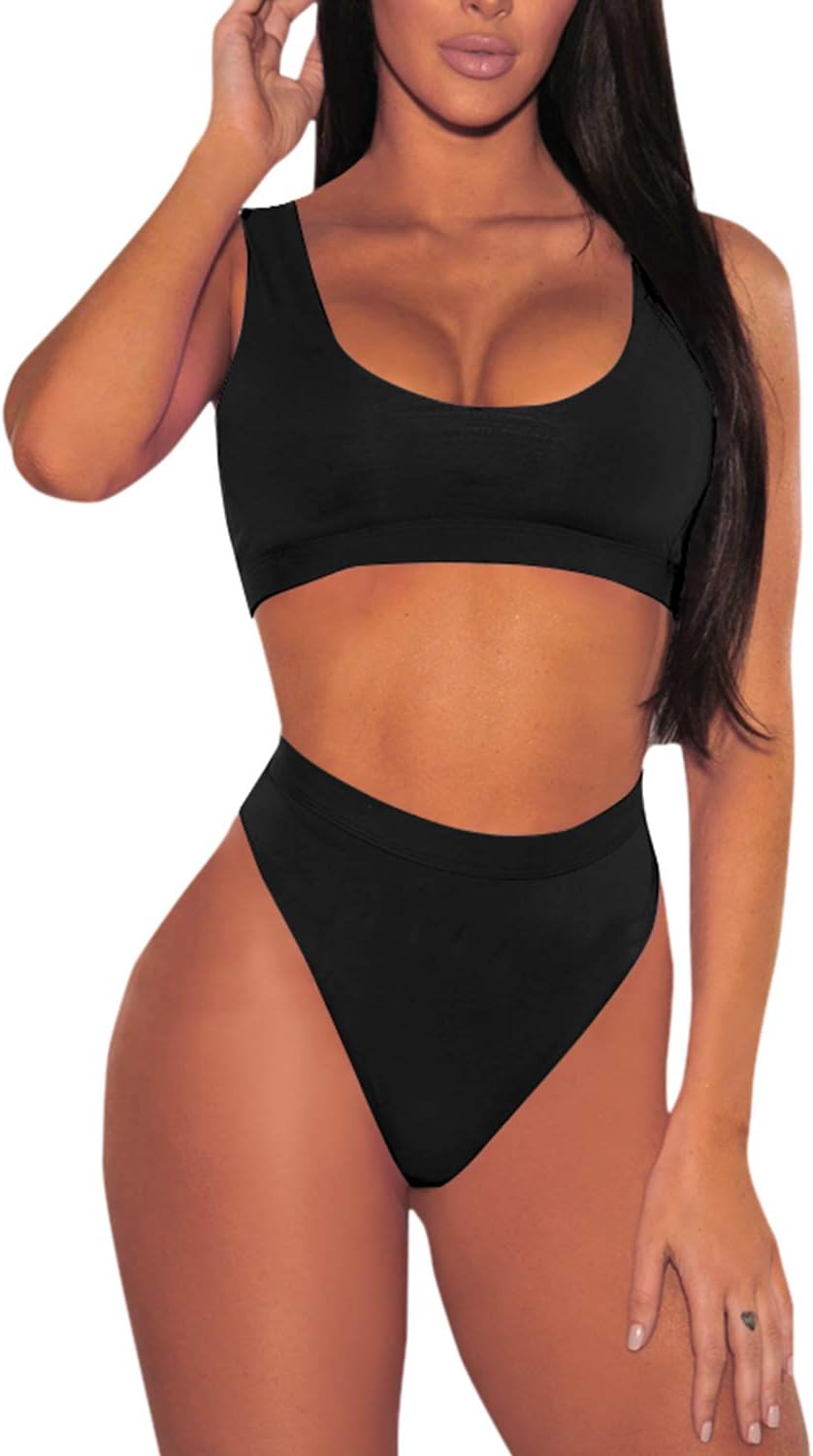 Womens Tank Crop Top High Waisted Cheeky Two Piece Bikini Sets Swimsuits