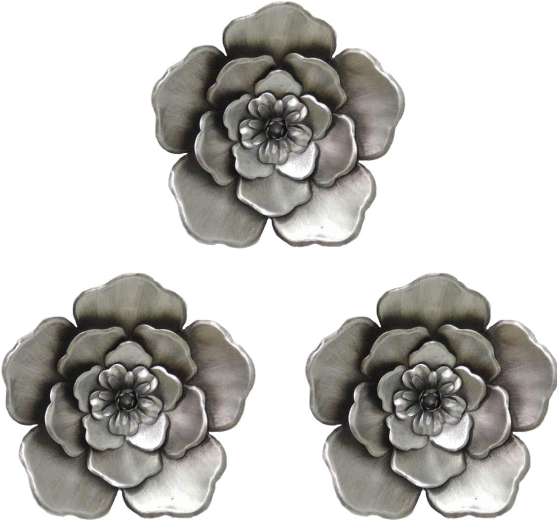Plaques & Wall Art - Metal Flower Wall Art Multiple Layer Decor for Indoor Outdoor Home Bedroom Living Room Office Garden Set of 3(Sliver)
