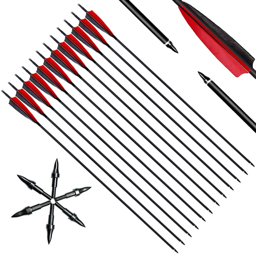 Narchery Carbon Arrows 31" Hunting Arrows with 4.7" Real Feathers Targeting Arrows with Replacement Screw-In Broadheads, Practice for Longbow, Recurve Bow and Traditional Bow, 12 pcs