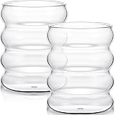 Cunhill 2 Pcs Wave Glass Cups 10 oz Ribbed Clear Glassware | Ribbed Bubble Texture, For Cocktails Martini Juice Beer Wine Milk, Creative Design for Home Kitchen Bar Party Events