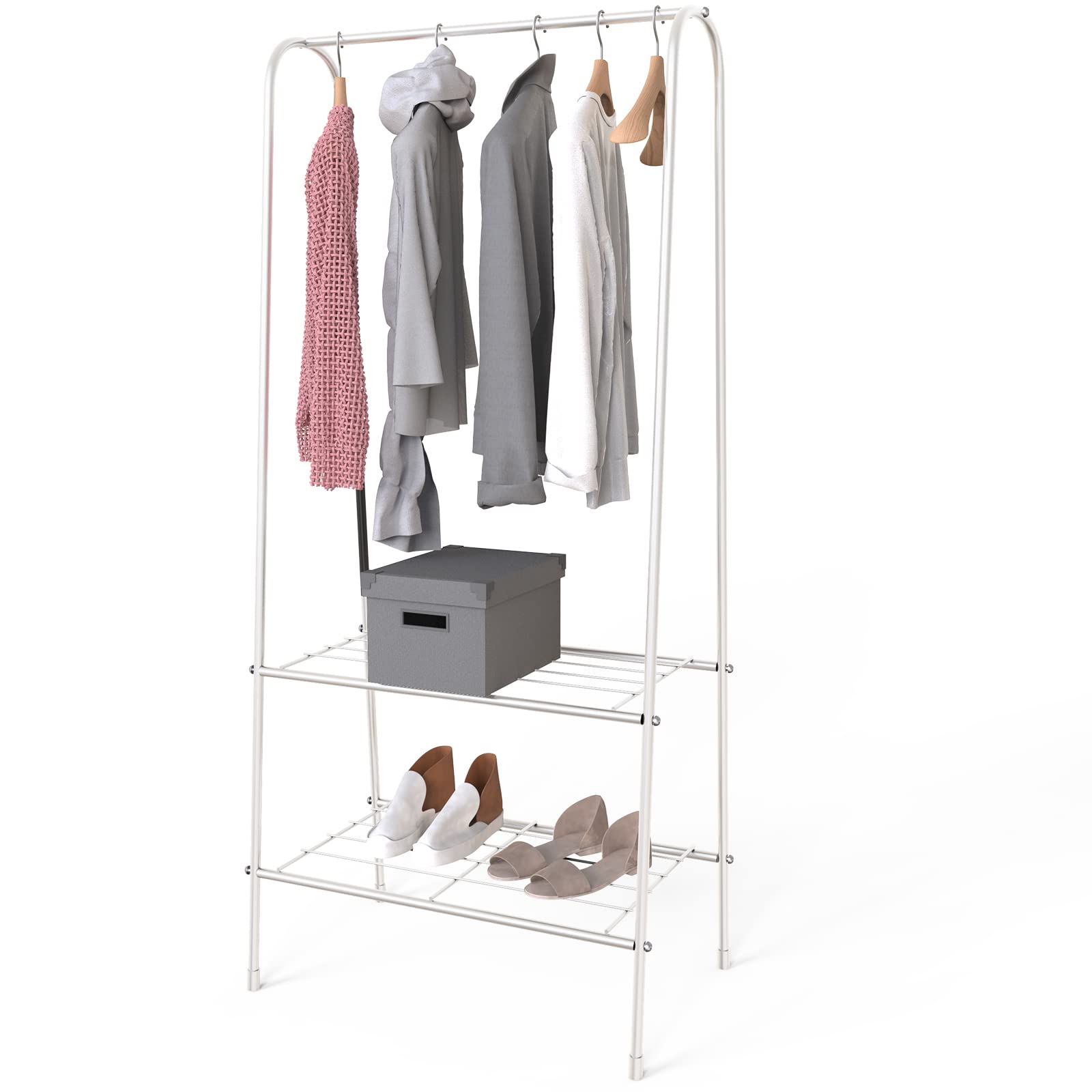 LONENESSL Metal Clothes Rail Garment Rack, Small Coat Rack Hanging Rail with 2 Tier Storage Shelf, A-shaped Clothes Rack, Stand Rail Hanger Organiser Shelf Bedroom Clothing Rack - White