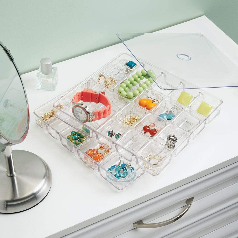 mDesign Stackable Plastic Storage Jewelry Box - 2 Organizer Trays with Lid for Drawer, Dresser, Vanity - Holds Necklaces, Bracelets, Bangles, Rings, Earrings - 3 Pieces - Clear: Home & Kitchen
