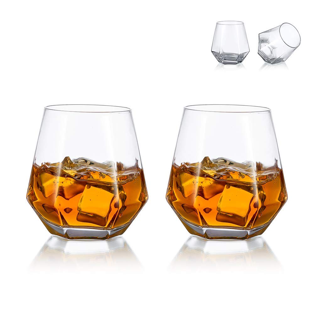 Diamond Whiskey Glasses Set of 2 Water Juice Tumbler Tilted Scotch Glass 300ml Whisky Glass Modern Look for Men Women, Dad, Husband, Friends, Glassware for Bourbon/Rum/Bar Tumbler