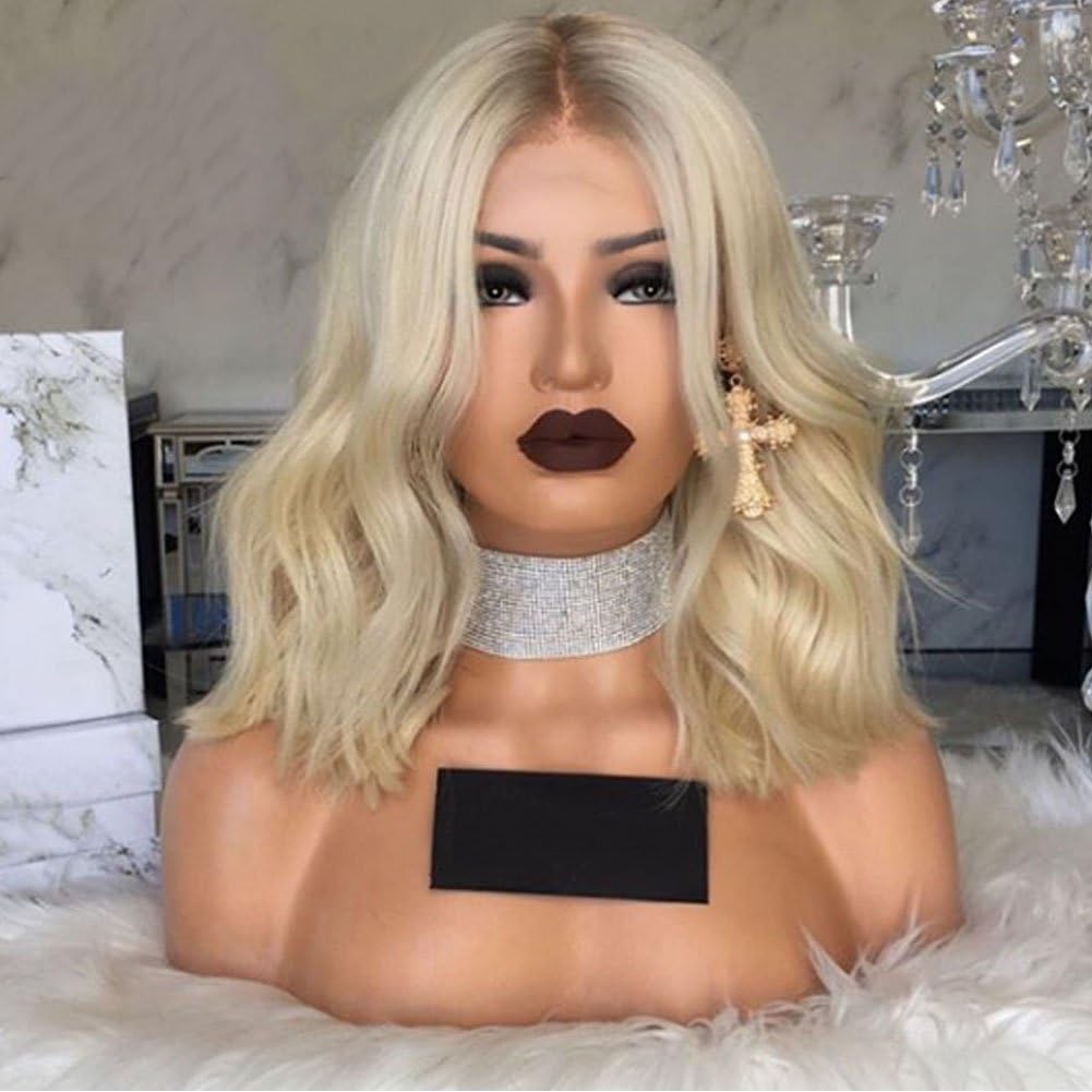 Atina Queen Ombre Blonde Bob Wig Wavy Human Hair Lace Front Wigs 4T60 Virgin Hair Short Blonde Human Hair Wig Dark Roots with Pre Plucked (14 inch, 150% Density Lace Front Wig)