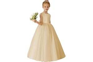 MCieloLuna Flower Girls Dresses for Wedding Satin Tulle Princess Pageant Dress Kids Pearls Prom Ball Gowns with Bow-Knot